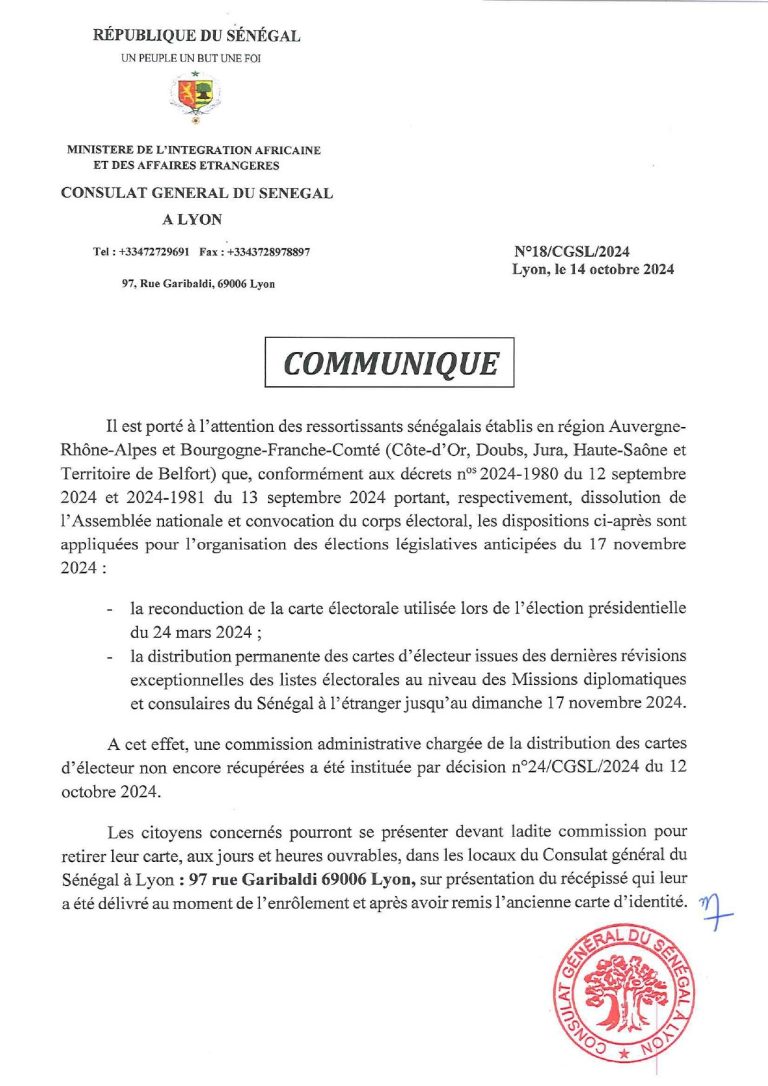 Note d'information du Consulat général du Sénégal à Lyon