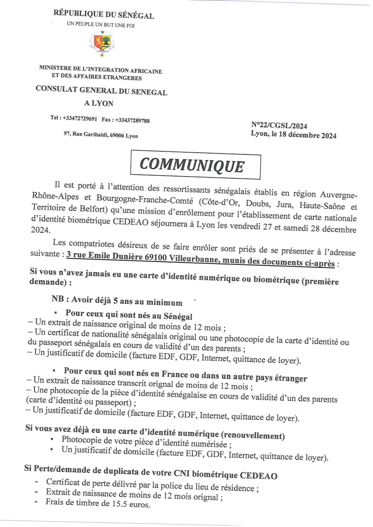 Note d'information du Consulat général du Sénégal à Lyon
