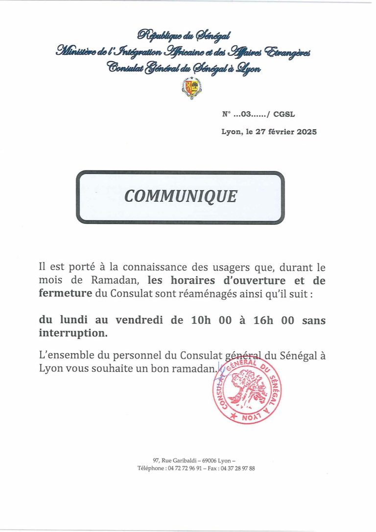 Note d'information du Consulat général du Sénégal à Lyon