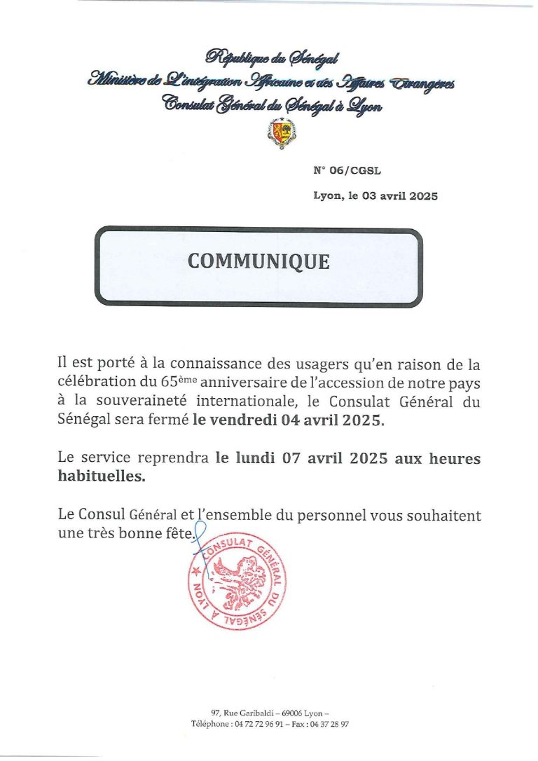 Note d'information du Consulat général du Sénégal à Lyon