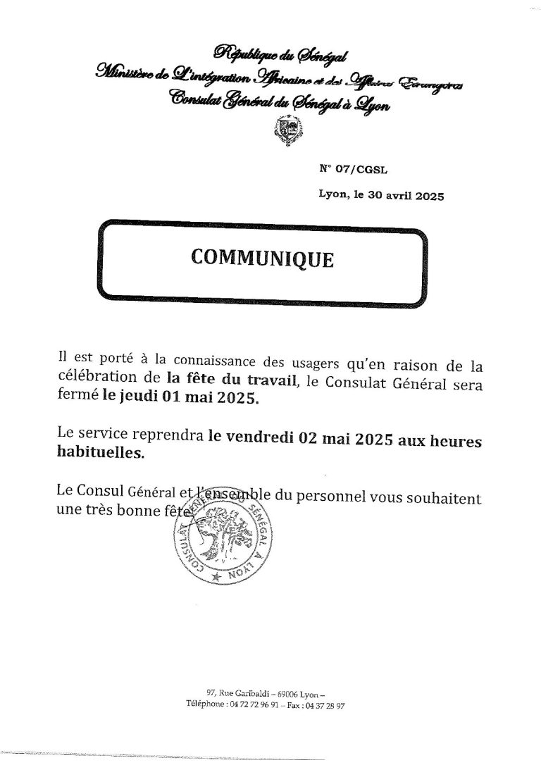 Note d'information du Consulat général du Sénégal à Lyon