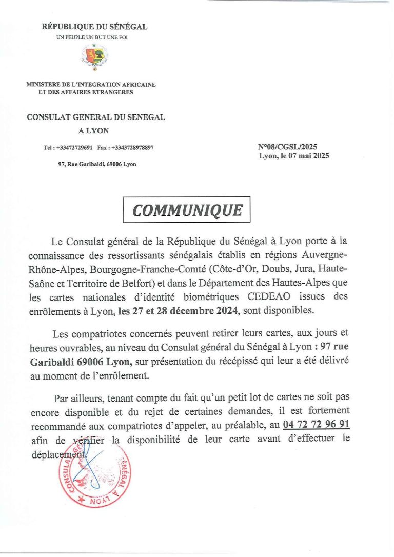 Note d'information du Consulat général du Sénégal à Lyon