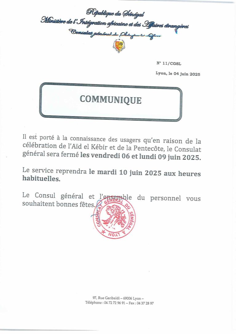 Note d'information du Consulat général du Sénégal à Lyon