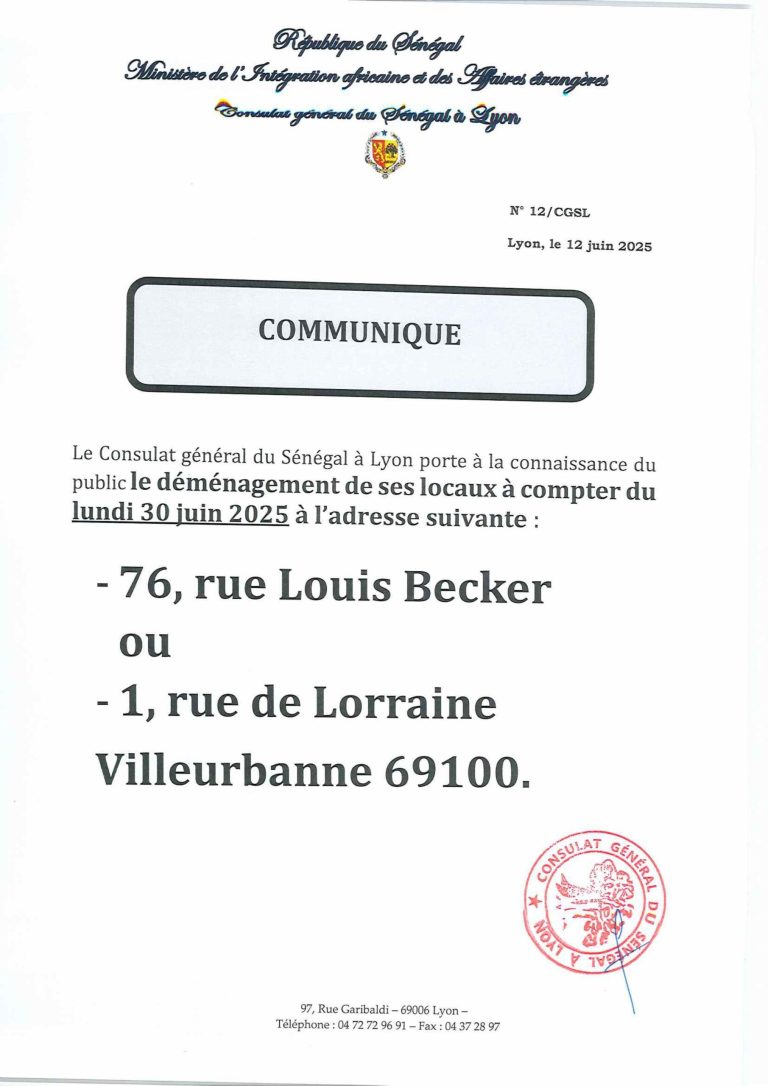 Note d'information du Consulat général du Sénégal à Lyon