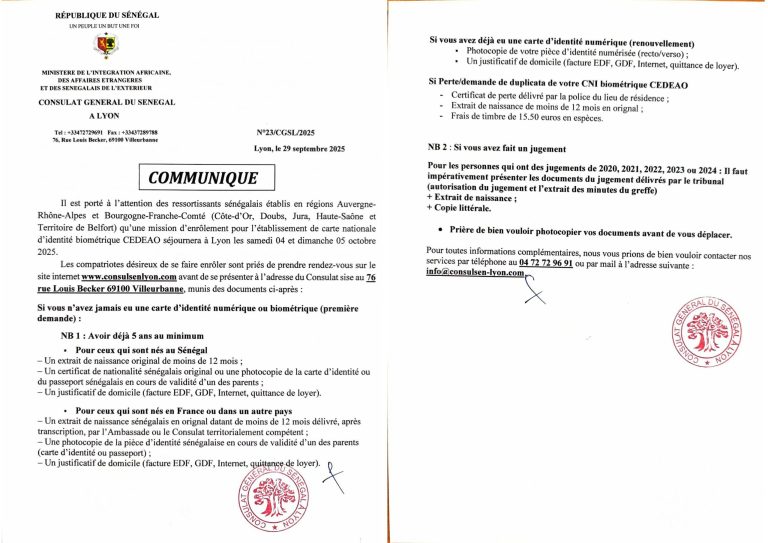 Note d'information du Consulat général du Sénégal à Lyon