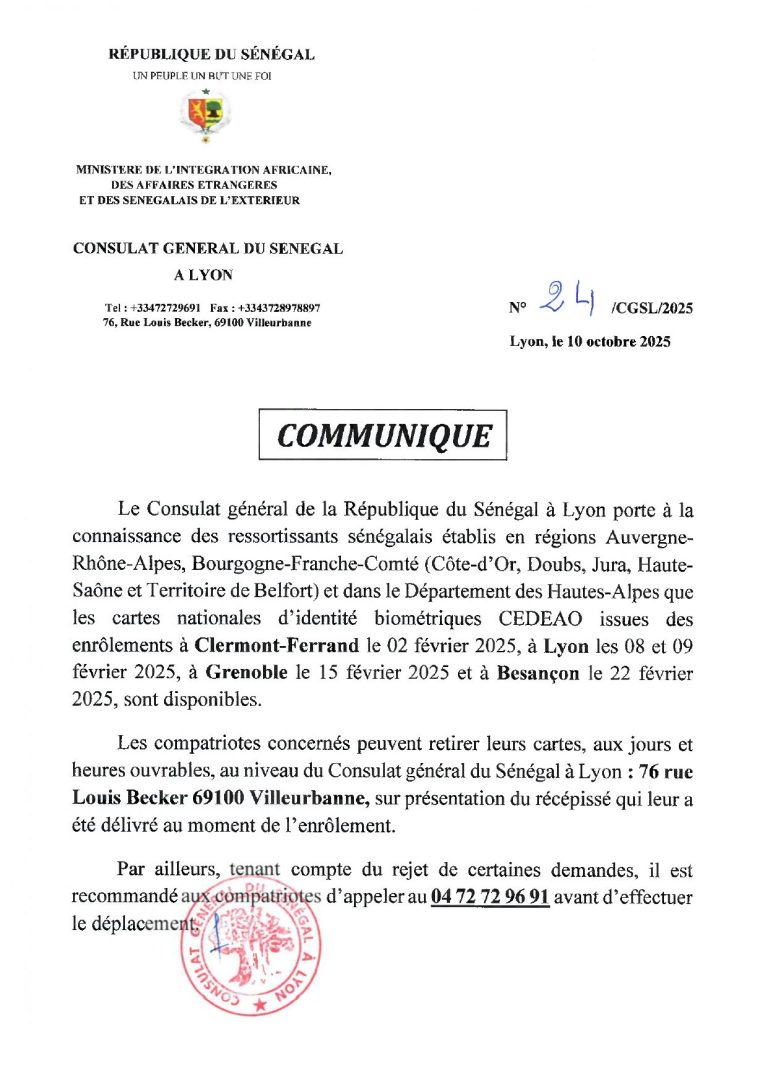 Note d'information du Consulat général du Sénégal à Lyon