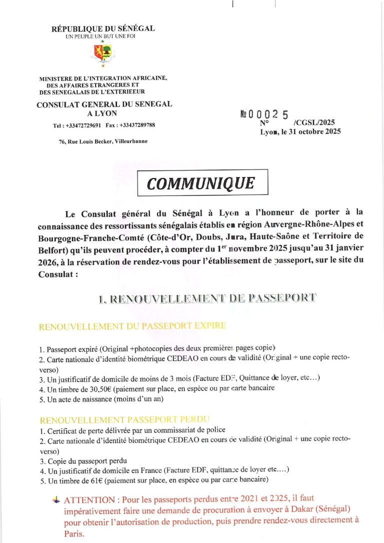 Note d'information du Consulat général du Sénégal à Lyon