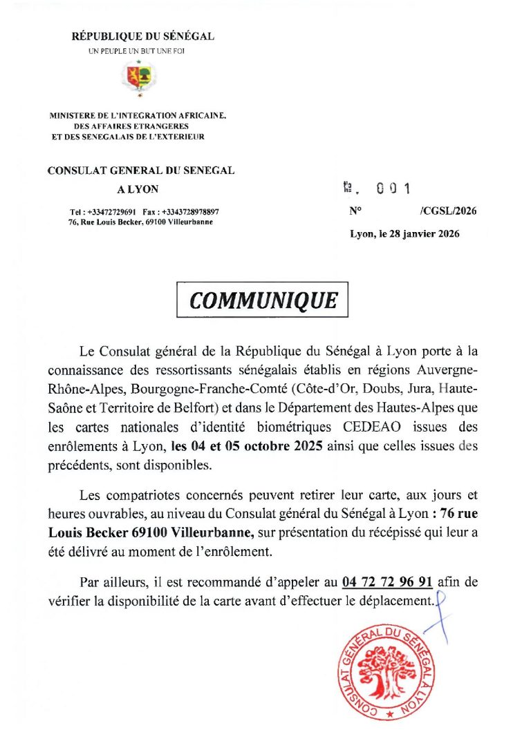 Note d'information du Consulat général du Sénégal à Lyon