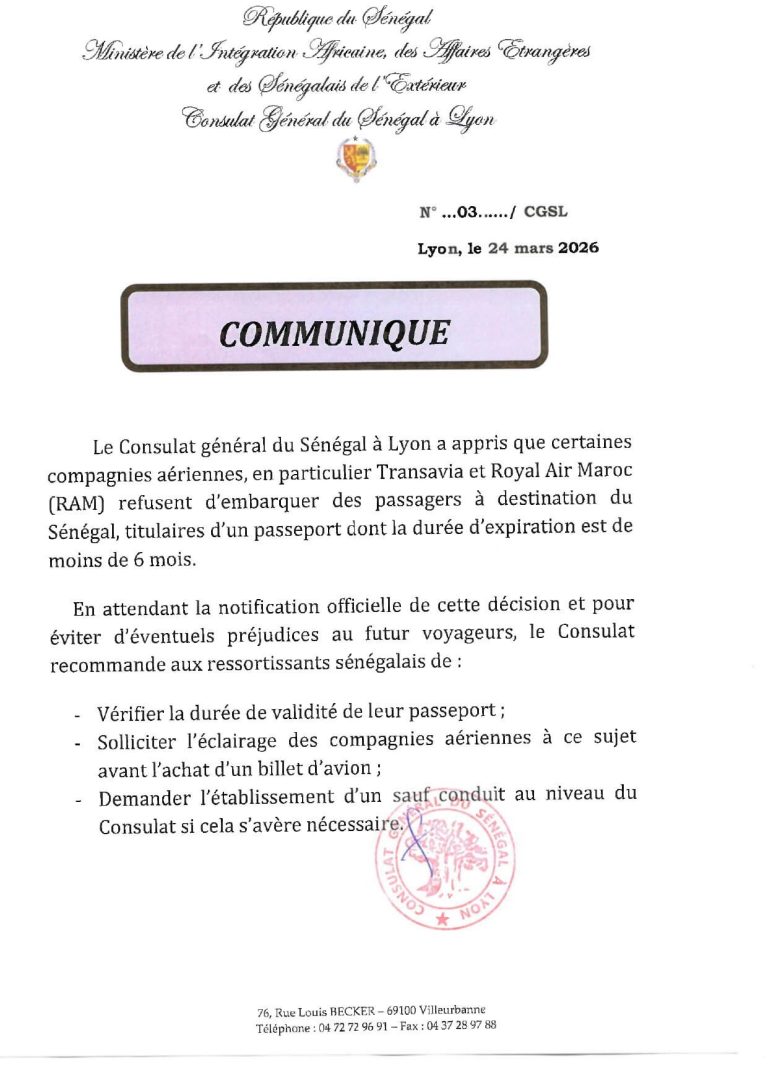 Note d'information du Consulat général du Sénégal à Lyon